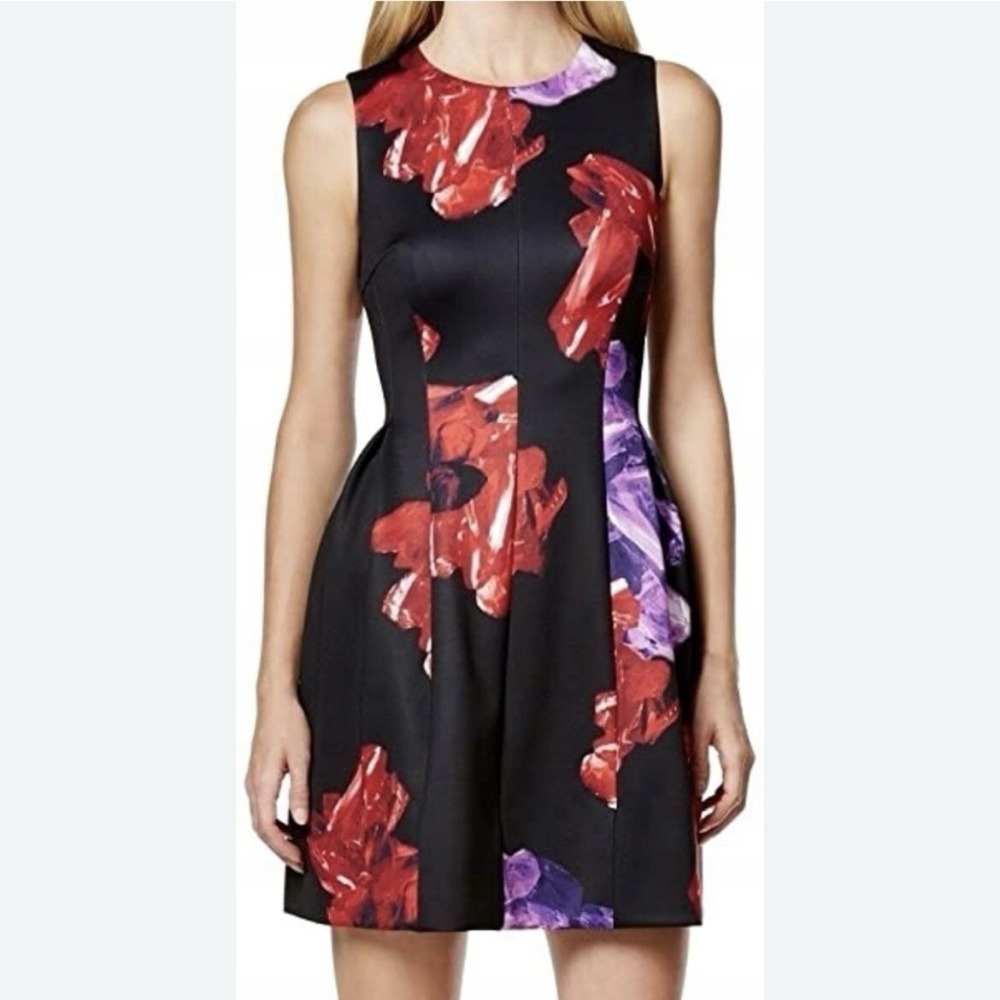 NWT Calvin Klein Purple Red Floral Sleeveless Pleated Scuba Flare Dress Size 8